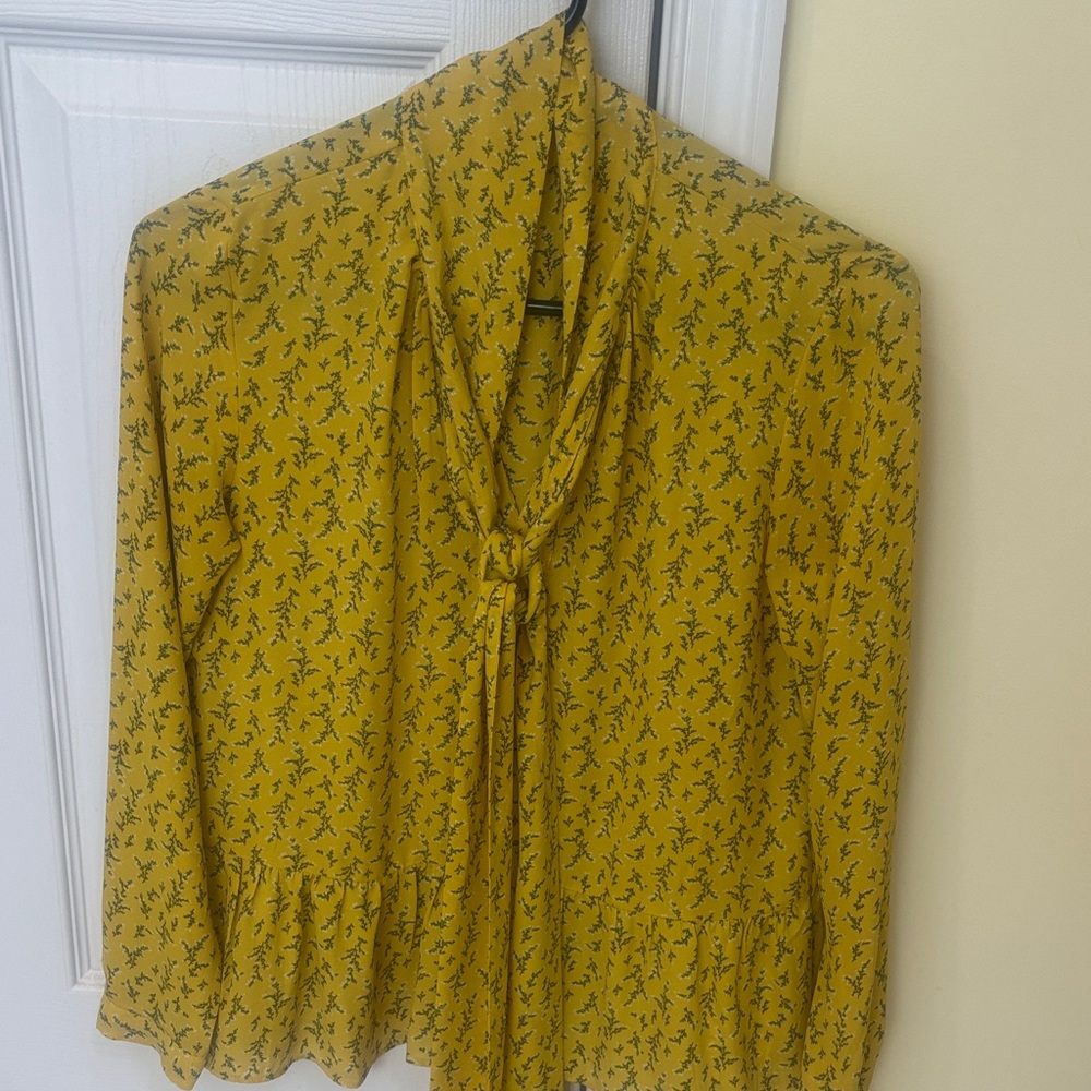LOFT Yellow Floral Tie-Neck Blouse